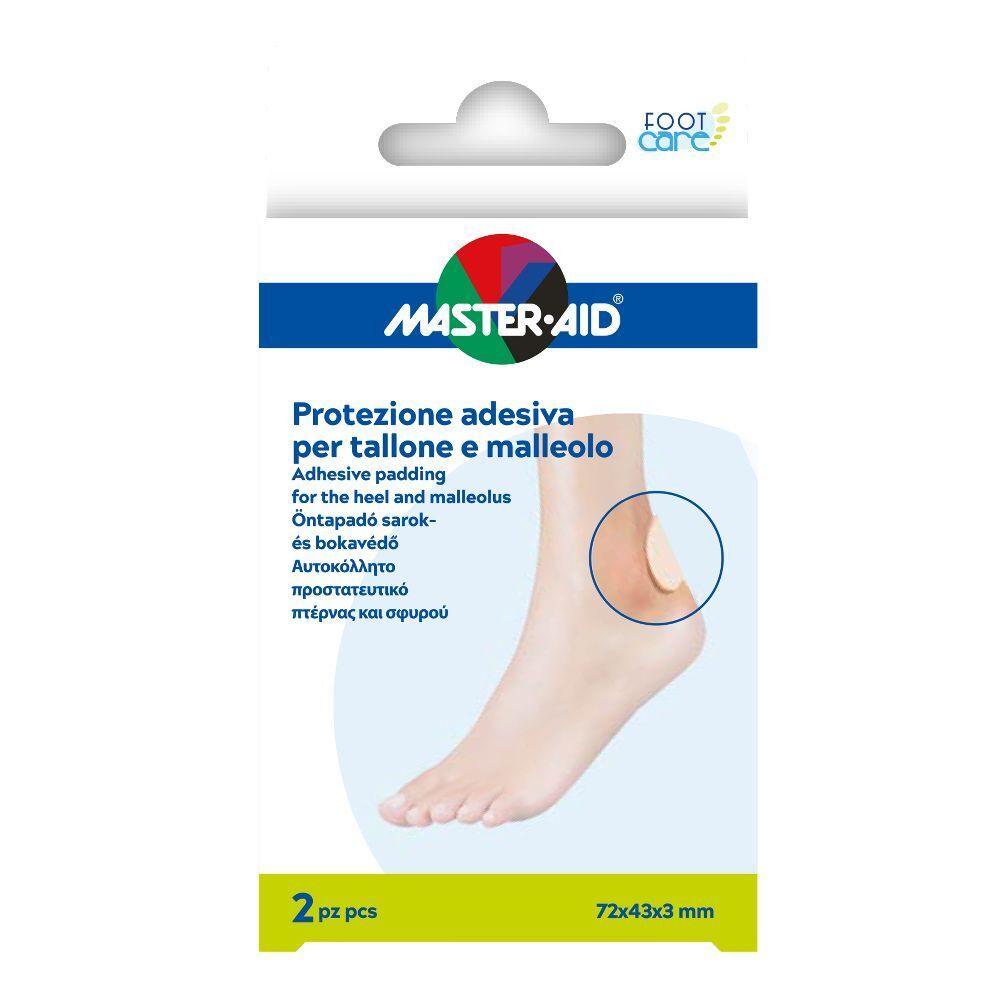 Confezione di cuscinetti adesivi per tallone e malleolo. Marca MASTER-AID. 2 pezzi, 72x43x3 mm.
