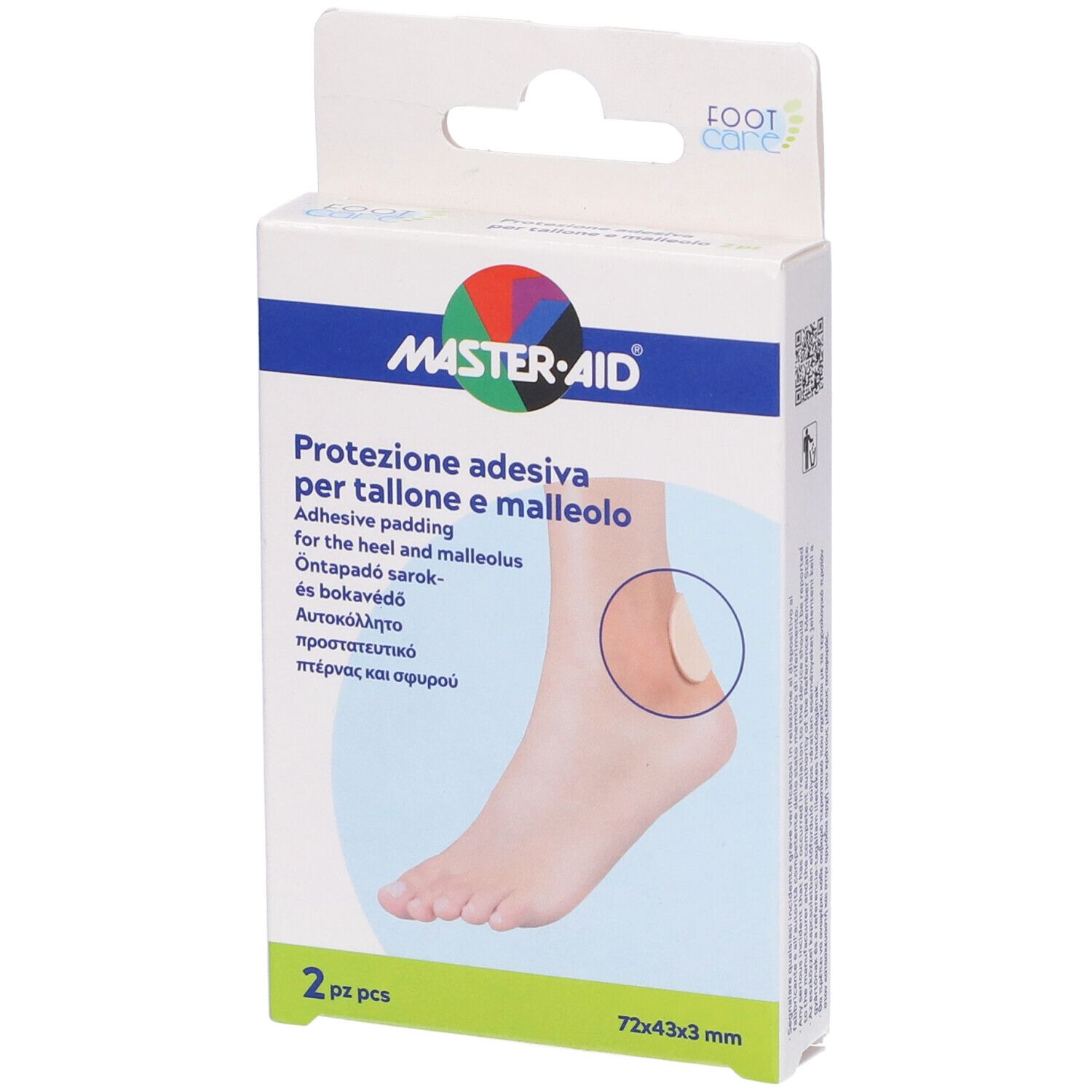 Scatola di cuscinetti adesivi per tallone e malleolo. Marca MASTER-AID. 2 pezzi, 72x43x3 mm.