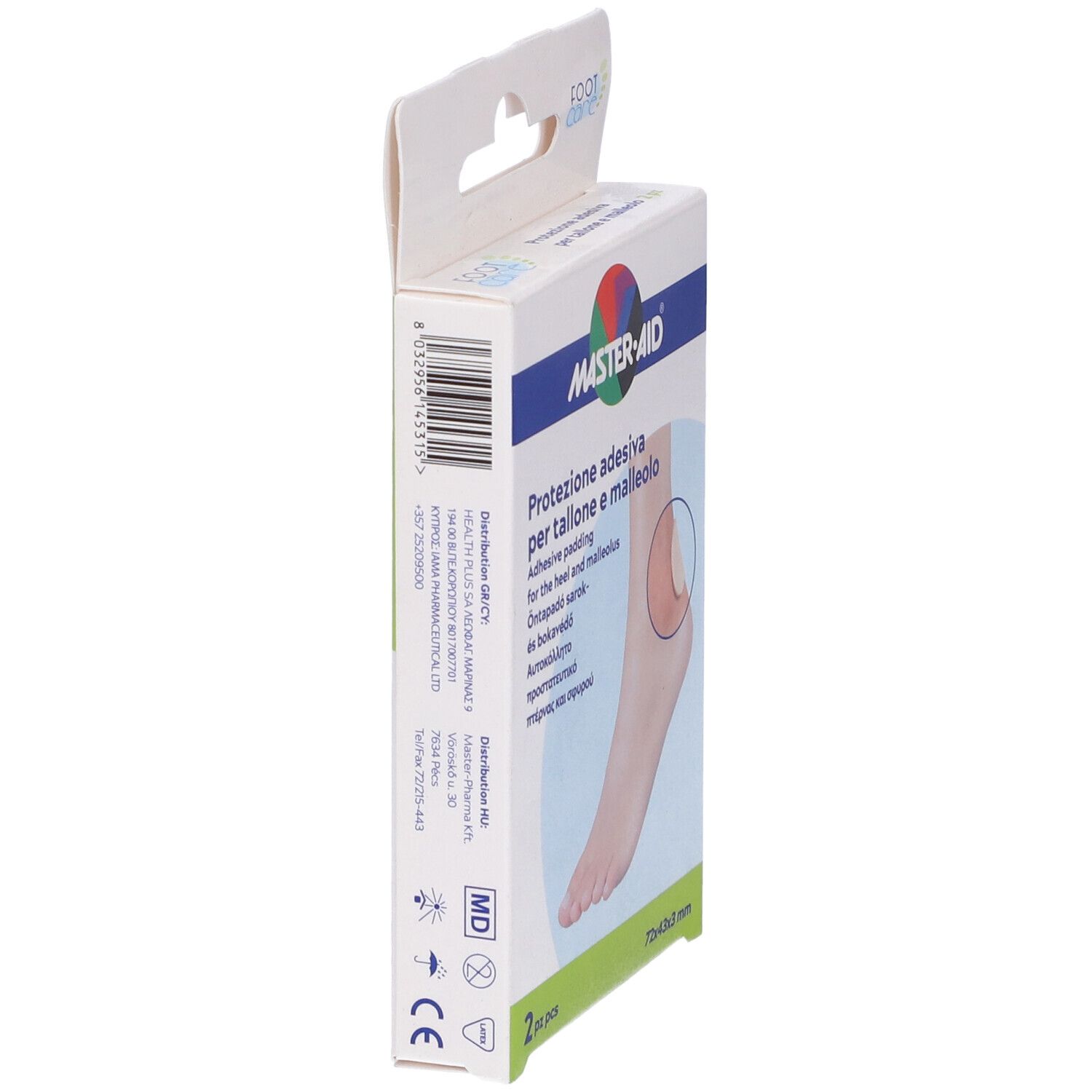 Vista laterale della confezione di cuscinetti. Marca MASTER-AID. Testo e codice QR.