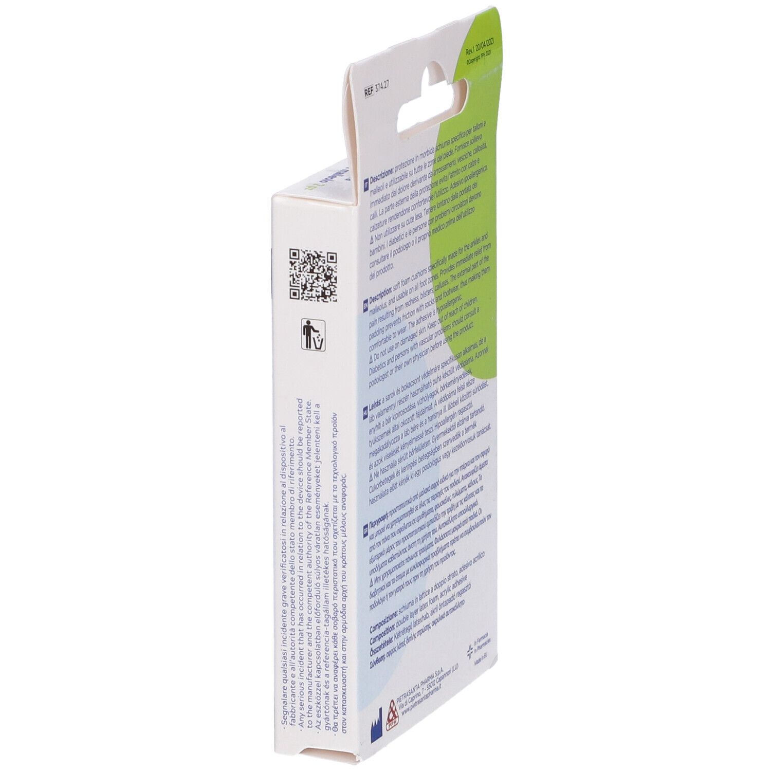 Vista laterale della confezione con testo e codice QR. Cuscinetti per tallone. MASTER-AID.