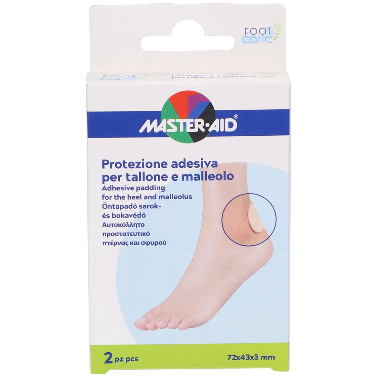 Confezione di cuscinetti per tallone e malleolo. Marca MASTER-AID. 2 pezzi, 72x43x3 mm.