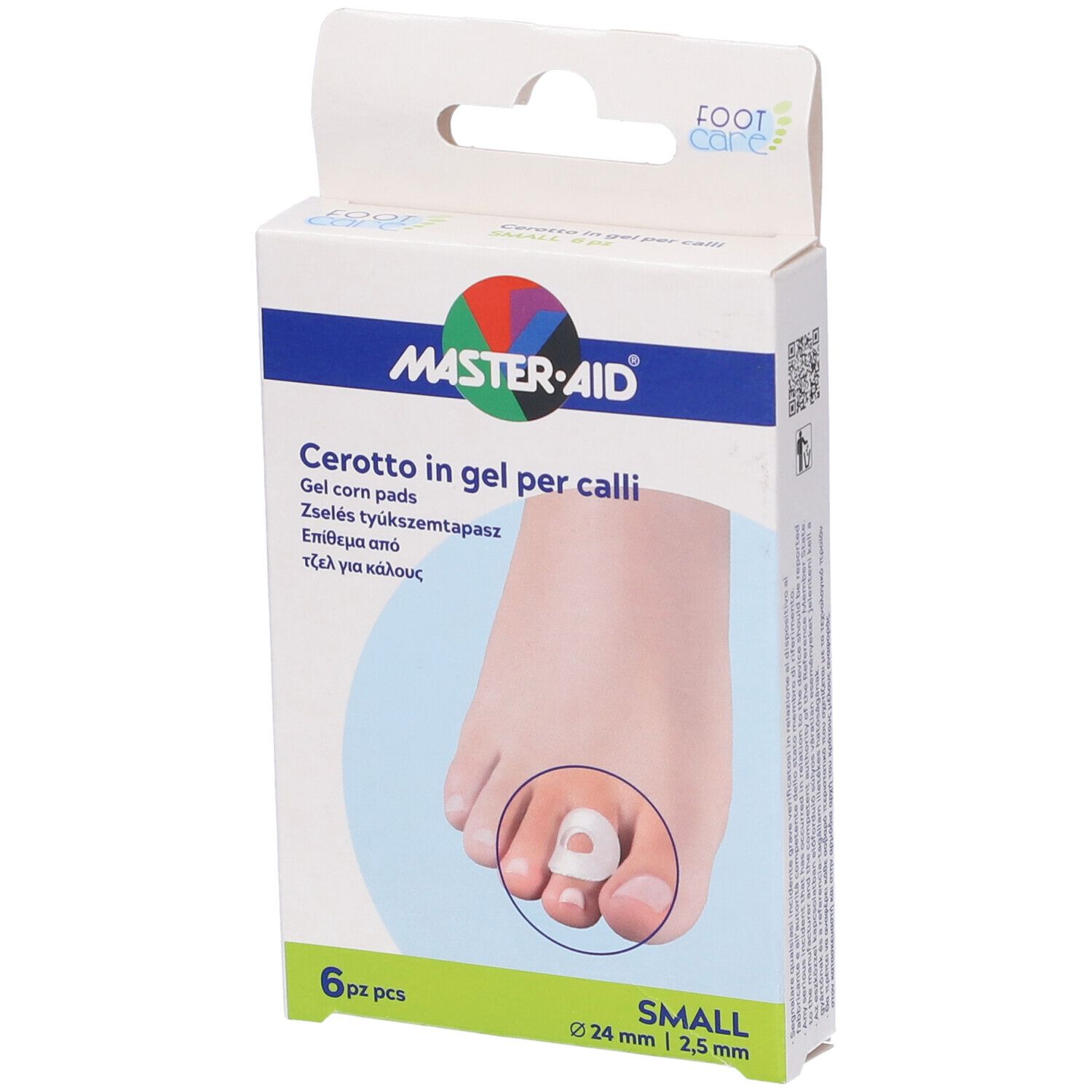 Confezione da 6 cerotti in gel piccoli per calli. Marchio: MASTER-AID. La confezione è leggermente angolata.