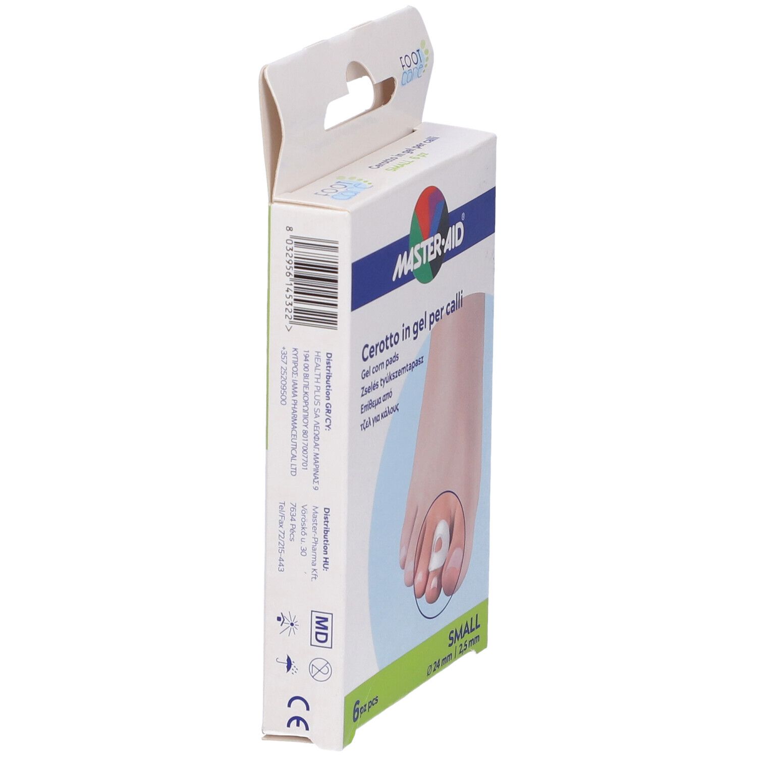 Confezione da 6 cerotti in gel piccoli per calli. Marchio: MASTER-AID. Vista laterale della confezione.