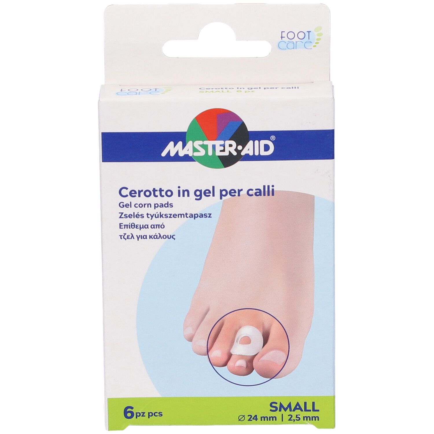 Confezione da 6 cerotti in gel piccoli per calli. Marchio: MASTER-AID. Immagine di un piede con cerotto sull'imballaggio.