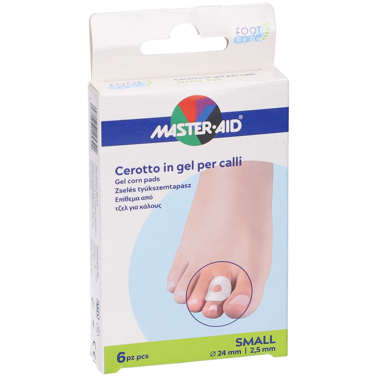 Confezione da 6 cerotti in gel piccoli per calli. Marchio: MASTER-AID. Immagine di un piede con cerotto sull'imballaggio.