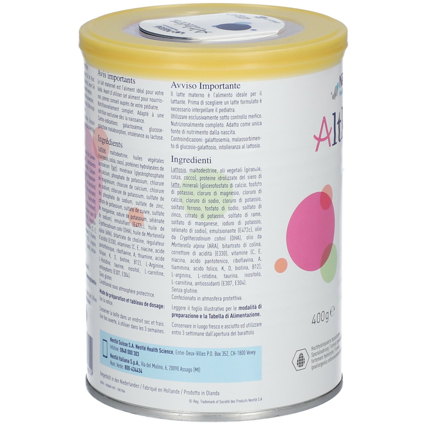 Retro del barattolo Nestlé Althéra®. Testo in tedesco, francese e italiano. Elenco ingredienti e informazioni nutrizionali.