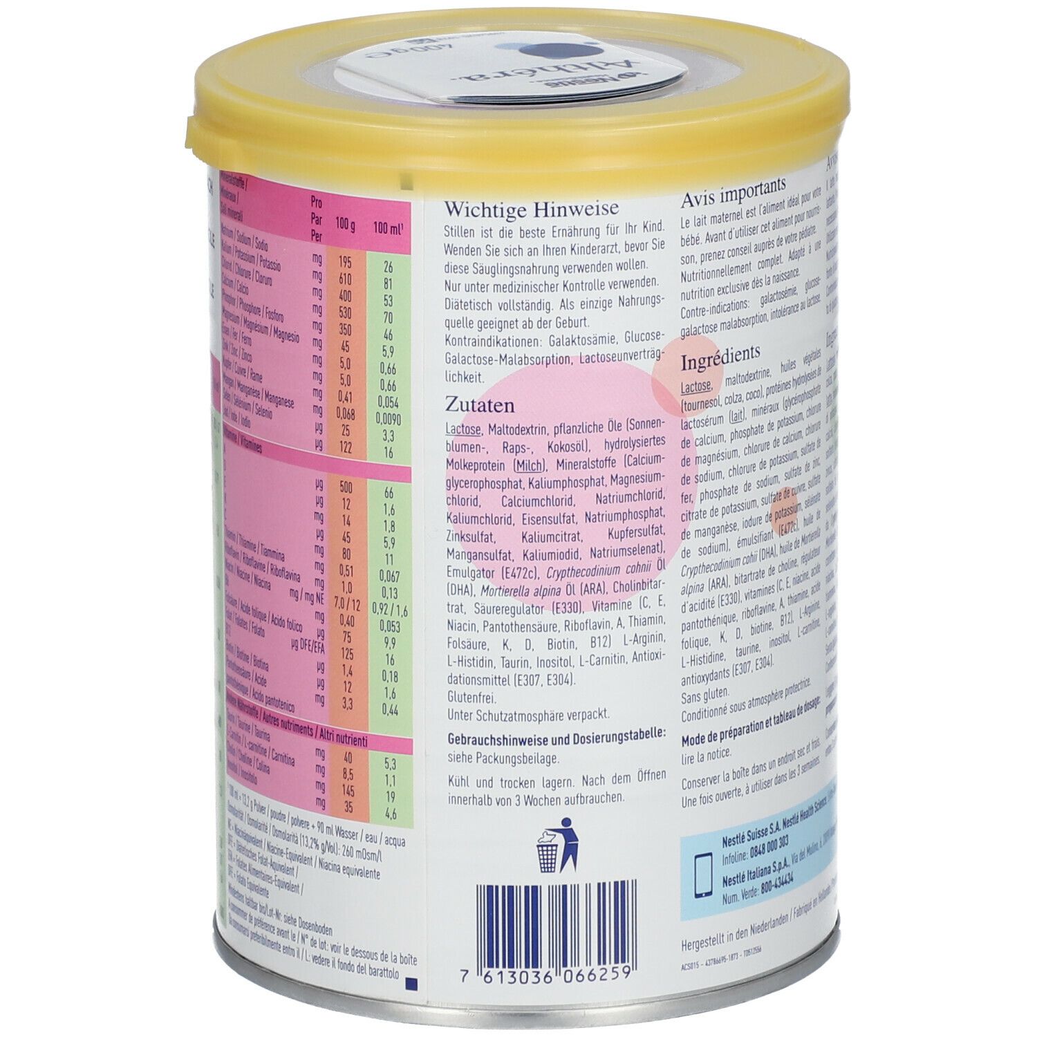 Retro del barattolo Nestlé Althéra®. Testo in tedesco, francese e italiano. Elenco ingredienti e informazioni nutrizionali.