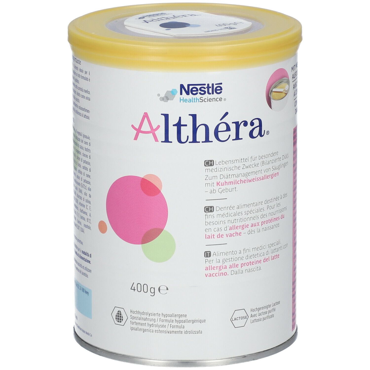 Barattolo di polvere Nestlé Althéra® bianco con coperchio giallo. Cerchi rosa e verdi. 400g.