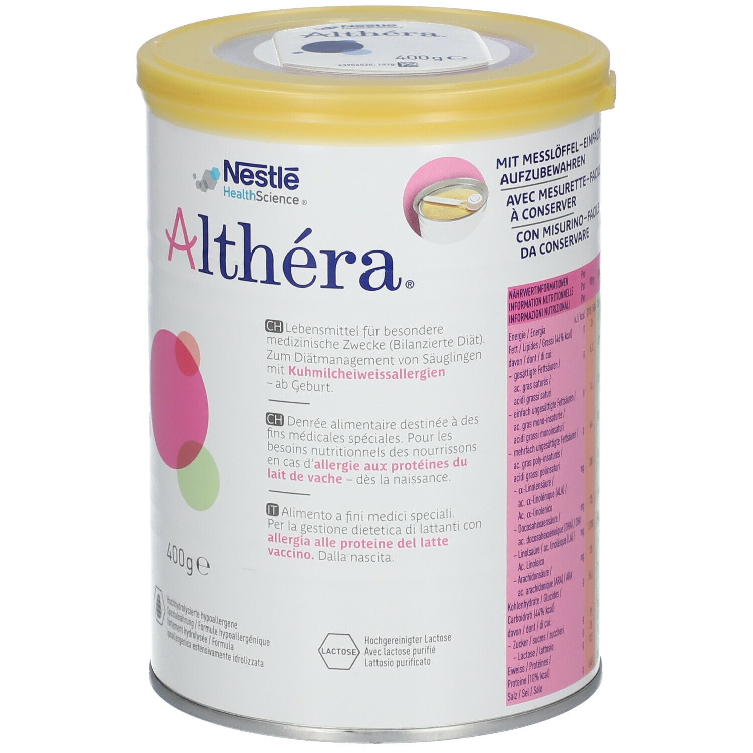 Barattolo di polvere Nestlé Althéra® bianco con coperchio giallo. Cerchi rosa e verdi. 400g.