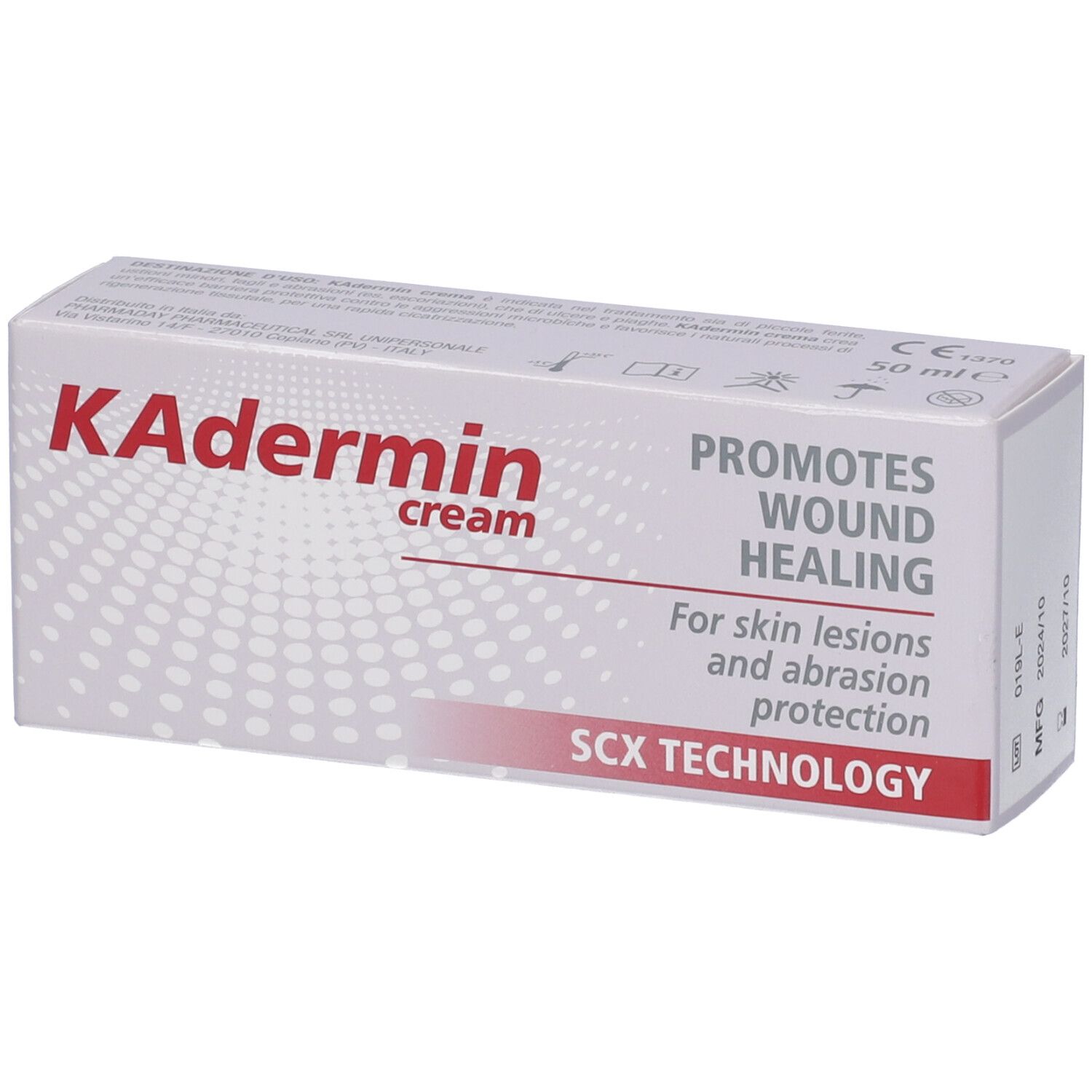 Confezione di crema KAdermin. Scatola bianca con testo rosso e nero. Contiene informazioni sulla guarigione delle ferite e tecnologia SCX.