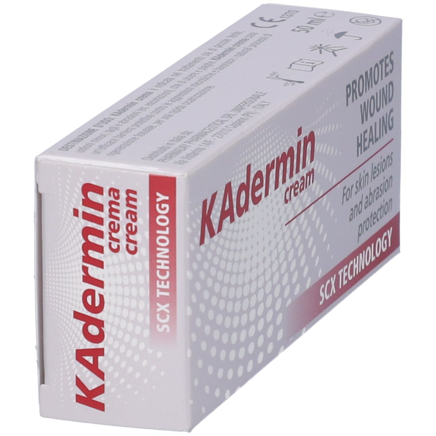 Confezione di crema KAdermin, angolata. Scatola bianca con testo rosso e nero. Contiene informazioni sulla guarigione delle ferite e tecnologia SCX.