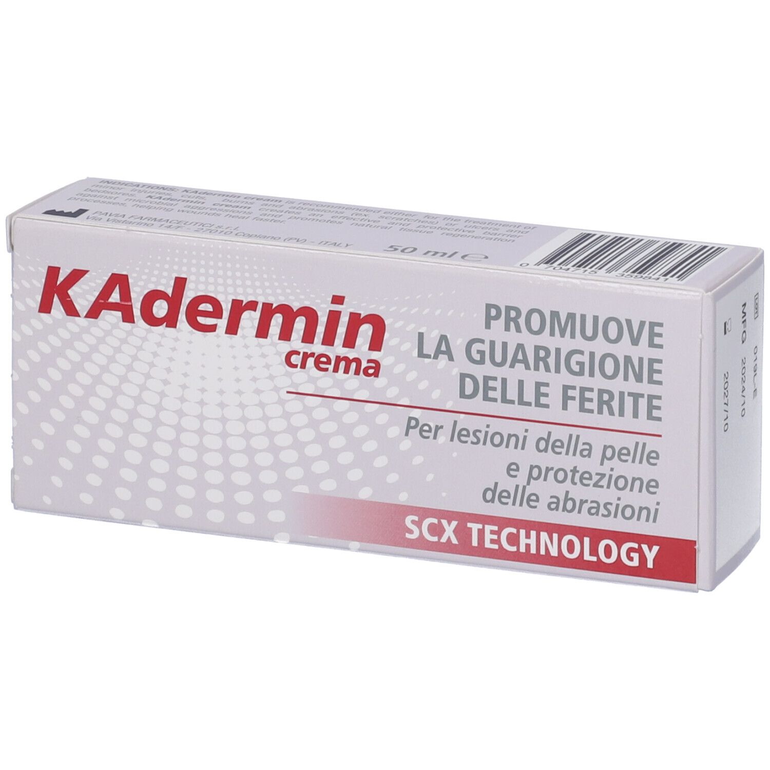 Confezione di crema KAdermin. Scatola bianca con testo rosso e nero. Contiene informazioni sulla guarigione delle ferite e tecnologia SCX.