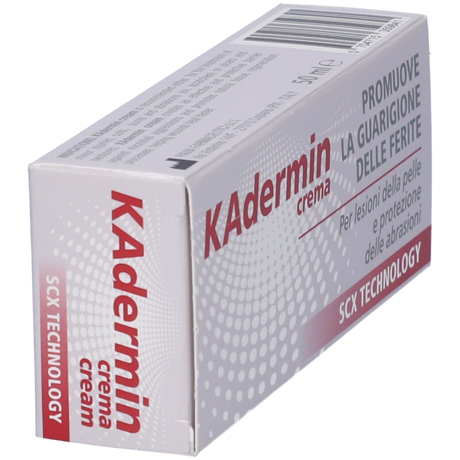 Confezione di crema KAdermin, angolata. Scatola bianca con testo rosso e nero. Contiene informazioni sulla guarigione delle ferite e tecnologia SCX.
