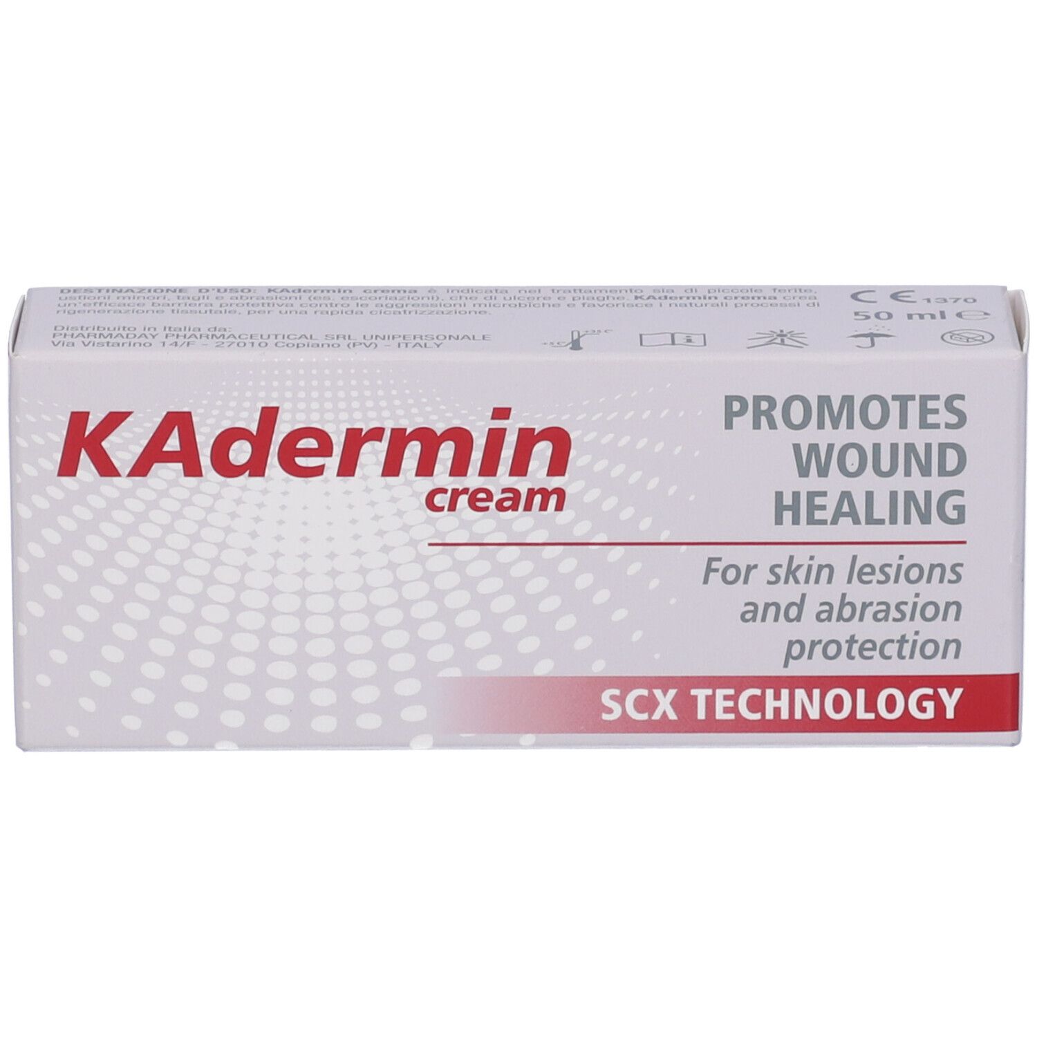 Confezione di crema KAdermin. Scatola bianca con testo rosso e nero. Contiene informazioni sulla guarigione delle ferite e tecnologia SCX.