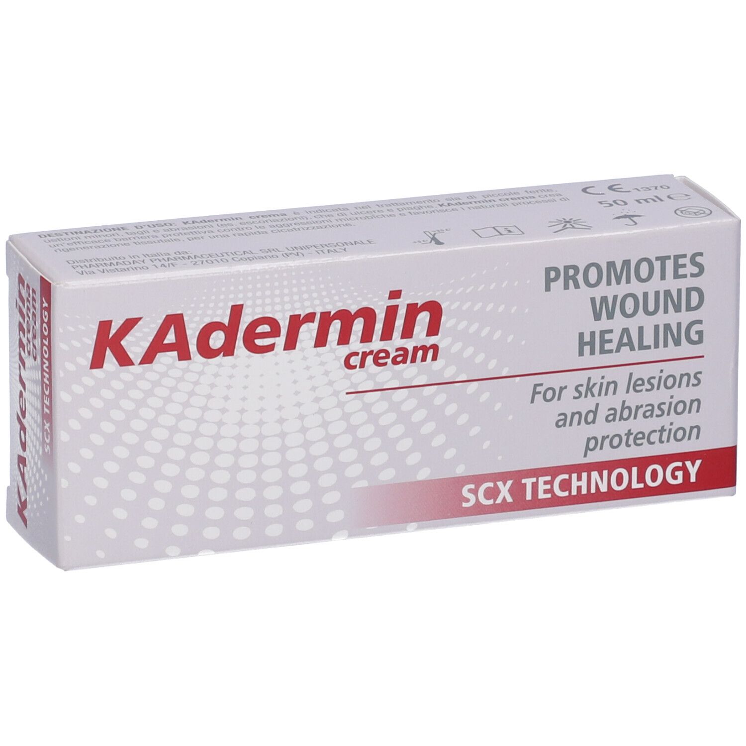 Confezione di crema KAdermin. Scatola bianca con testo rosso e nero. Contiene informazioni sulla guarigione delle ferite e tecnologia SCX.