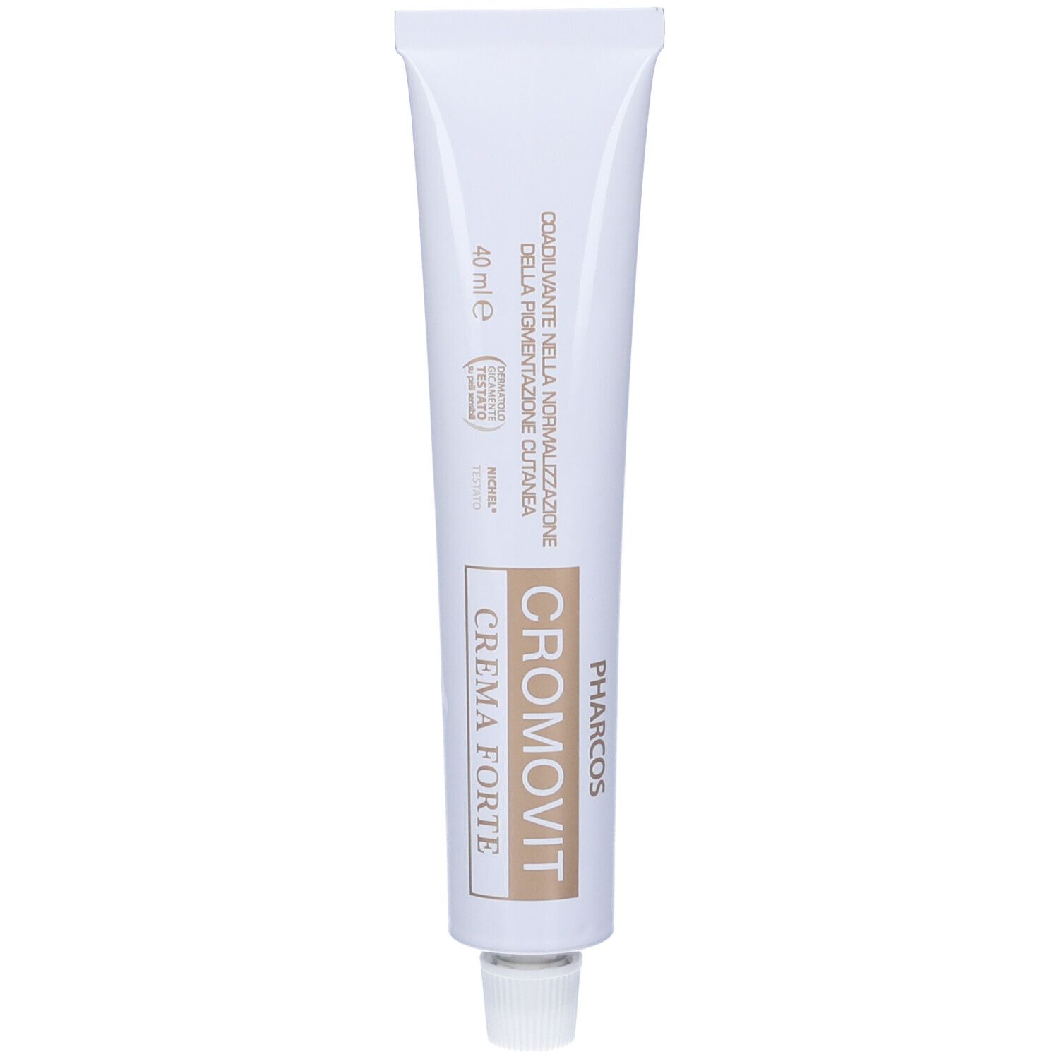 Tubo crema bianco. Pharcos Cromovit Crema Forte, 40 ml. Scritta beige. Nome e logo visibili.