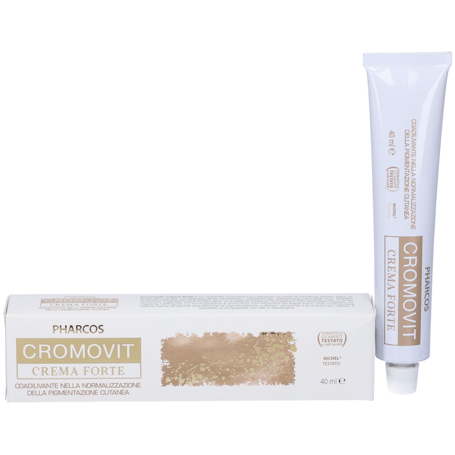 Pharcos Cromovit Crema Forte, tubo e scatola. 40 ml. Nome e logo visibili.