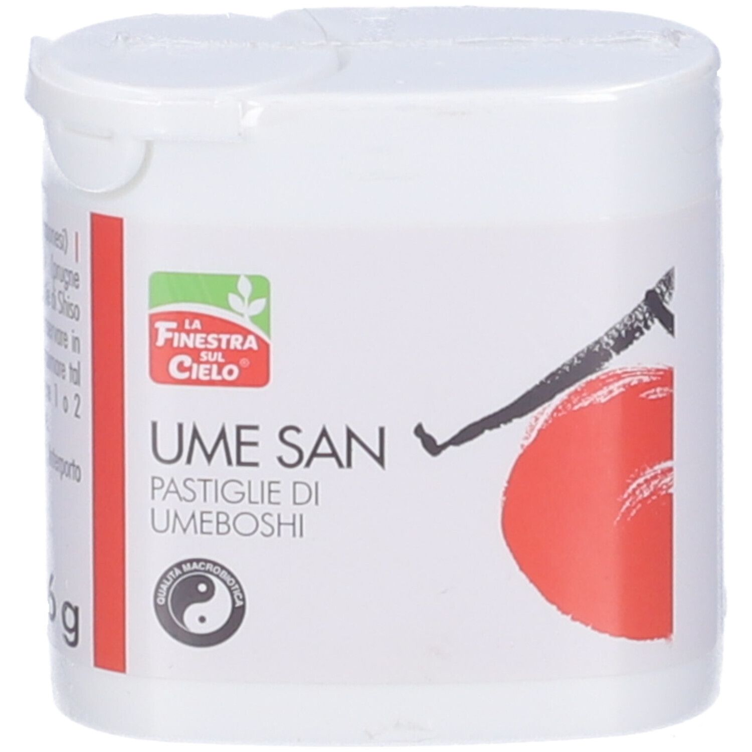 Contenitore bianco con coperchio. Scritta Ume San, Pastiglie di Umeboshi. Logo con simbolo Yin-Yang.