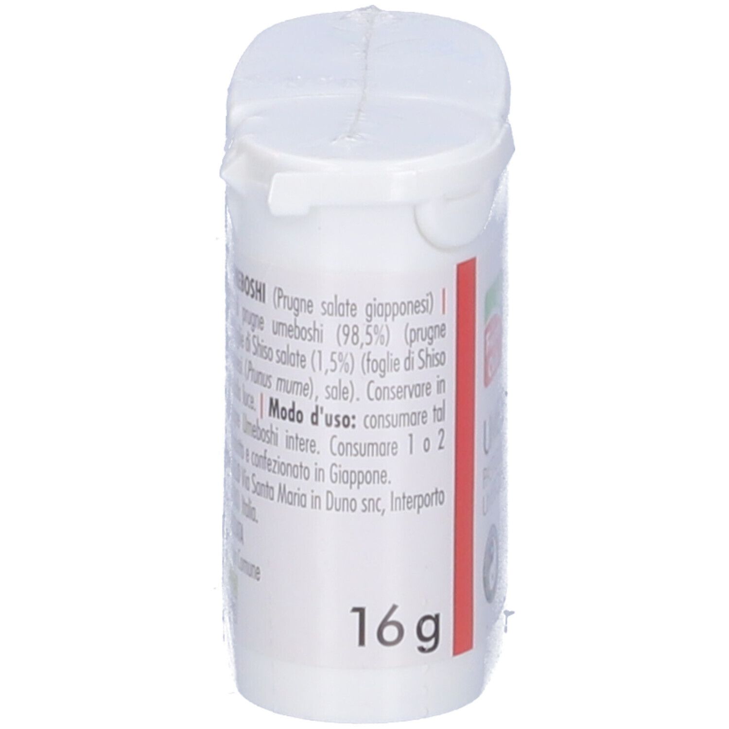 Contenitore cilindrico bianco con coperchio. Scritta 16g. Informazioni sul prodotto in italiano.