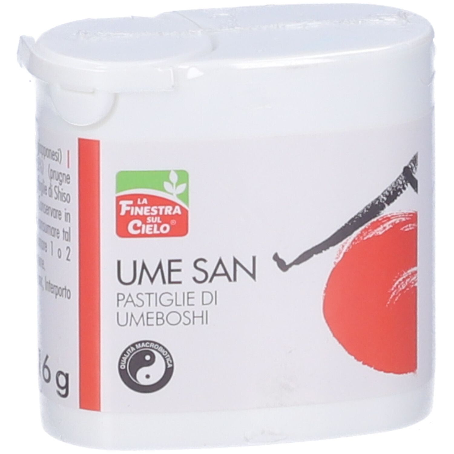 Contenitore bianco con coperchio. Scritta Ume San, Pastiglie di Umeboshi. Logo con simbolo Yin-Yang.