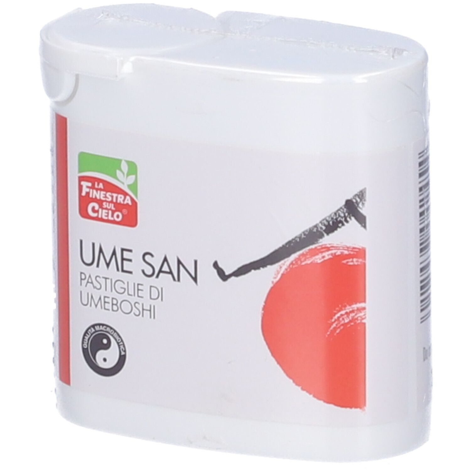 Contenitore bianco con coperchio. Scritta Ume San, Pastiglie di Umeboshi. Logo con simbolo Yin-Yang.