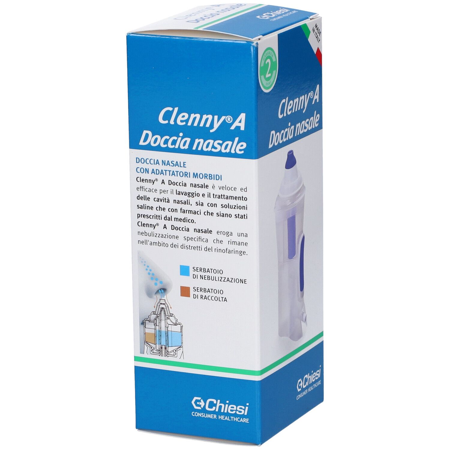 Verpackung von Clenny A Doccia nasale. Blaue und weiße Box mit Produktnamen und Text. Produktabbildung.