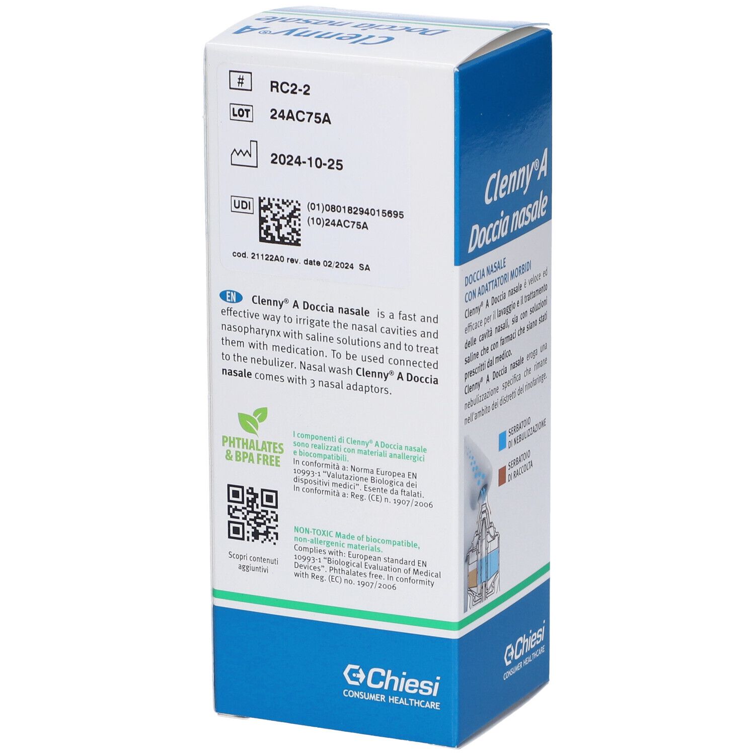 Verpackung von Clenny A Doccia nasale. Rückseite mit Text, QR-Code und Logos. Blaue und weiße Box.