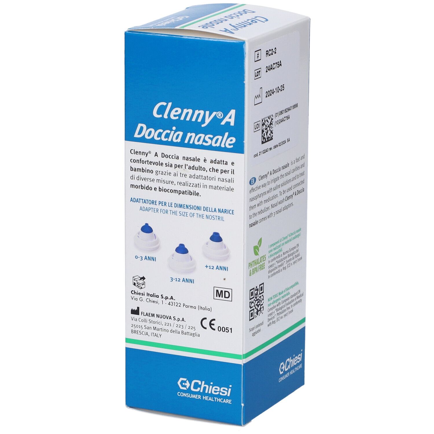 Verpackung von Clenny A Doccia nasale. Box mit Text und Abbildungen von Adaptern. Blaue und weiße Box.