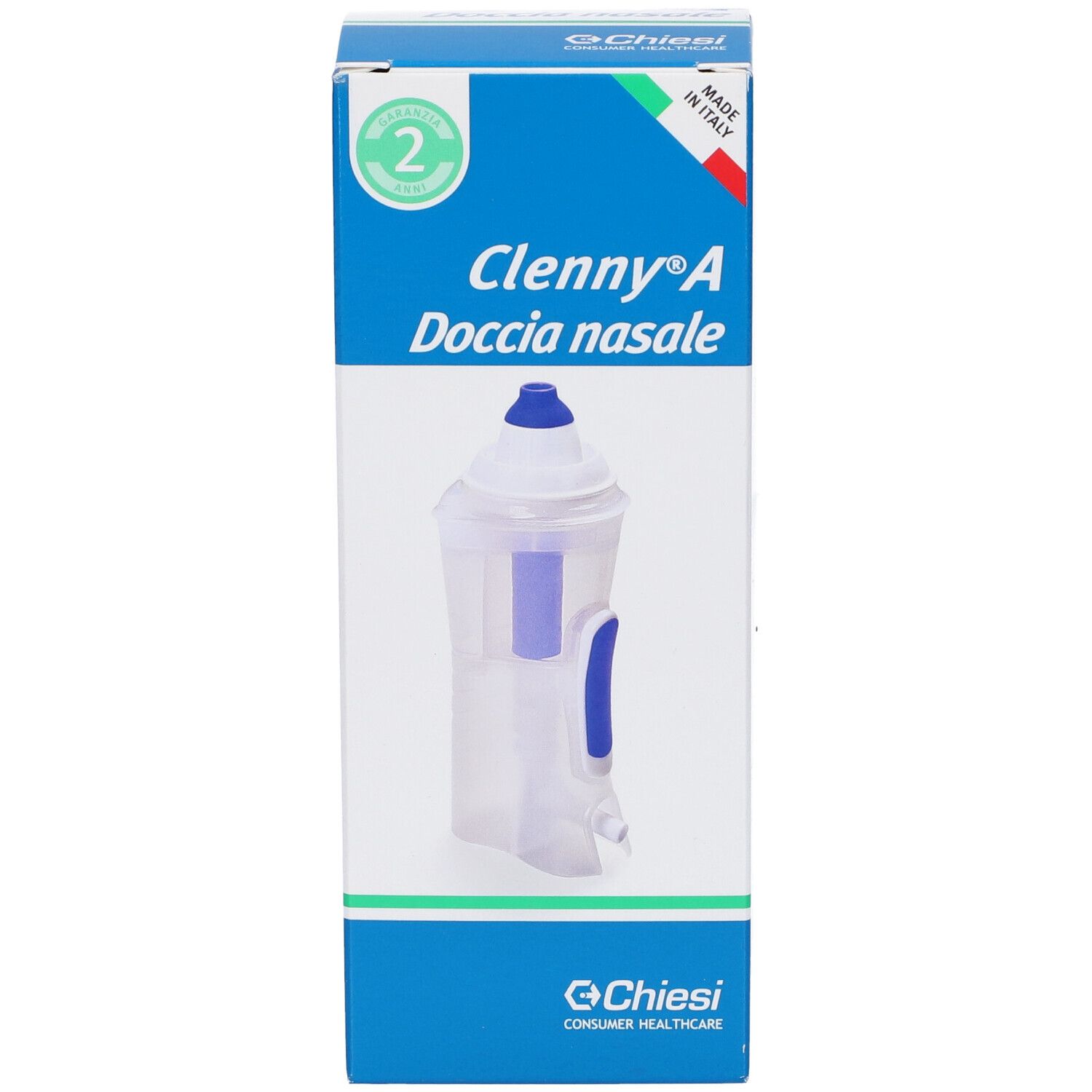 Verpackung von Clenny A Doccia nasale. Blaue und weiße Box mit Produktnamen und Logo. Produktabbildung.