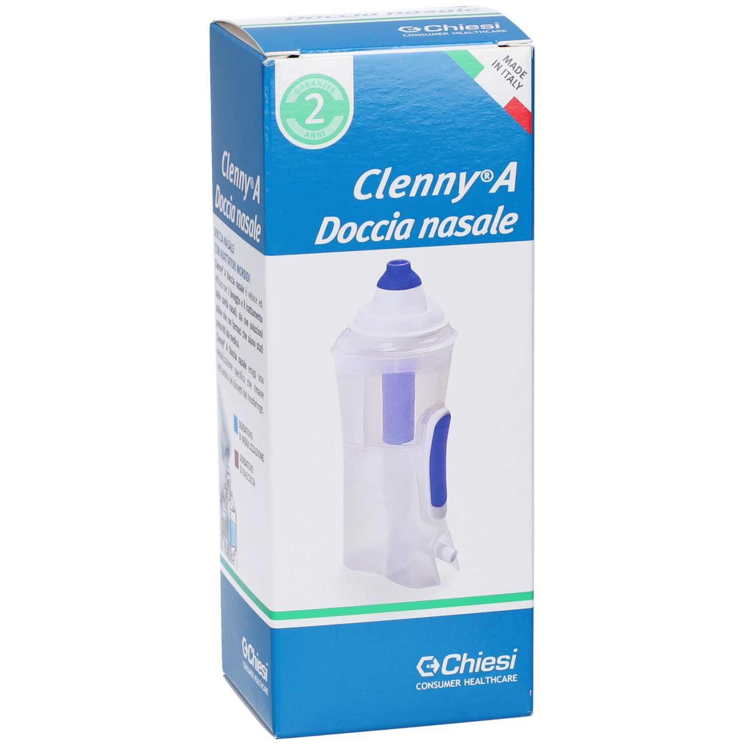 Verpackung von Clenny A Doccia nasale. Blaue und weiße Box mit Produktnamen und Logo. Produktabbildung.