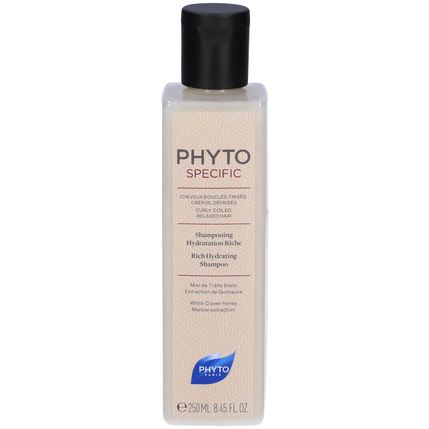Flacone di shampoo quadrato beige, tappo nero. Scritta: PHYTOSPECIFIC, Rich Hydrating Shampoo.