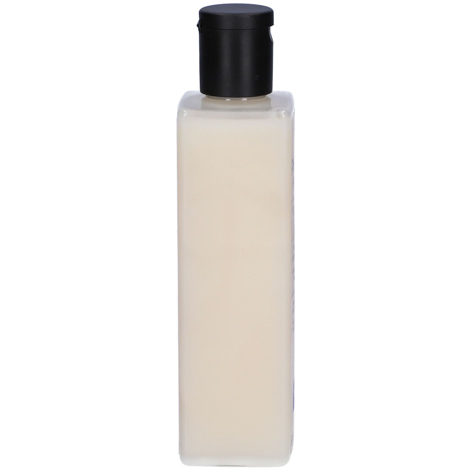 Flacone di shampoo beige con tappo nero. Forma quadrata.