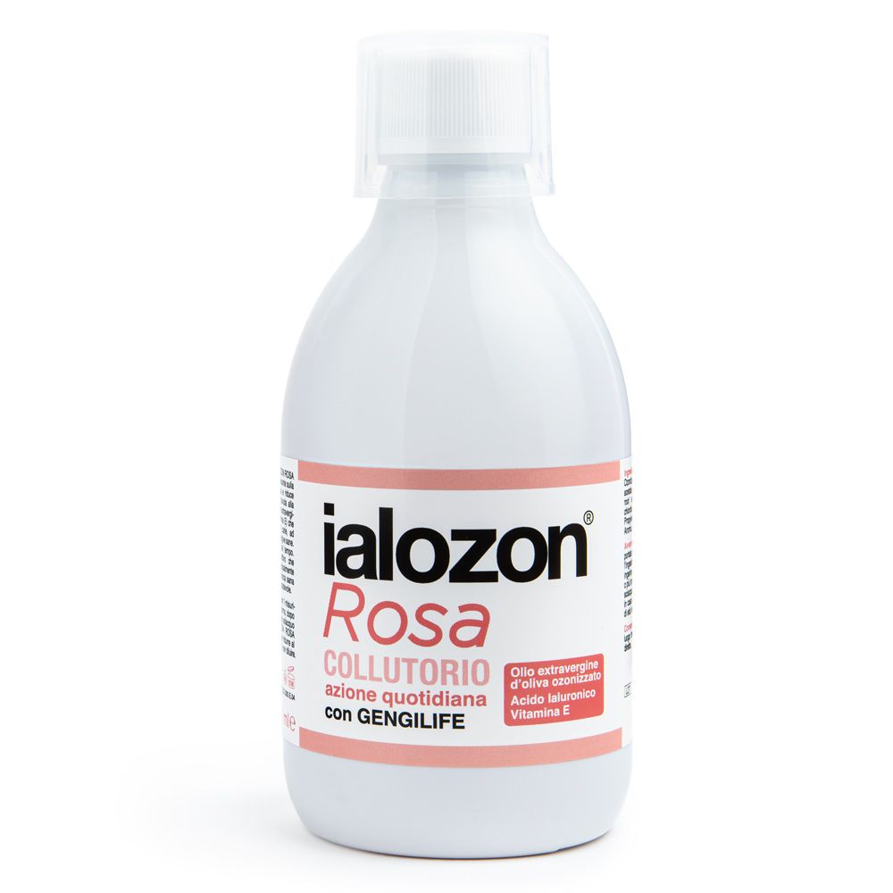 Weiße Flasche mit Ialozon Rosa Mundspülung. Enthält Olivenöl, Hyaluronsäure und Vitamin E.