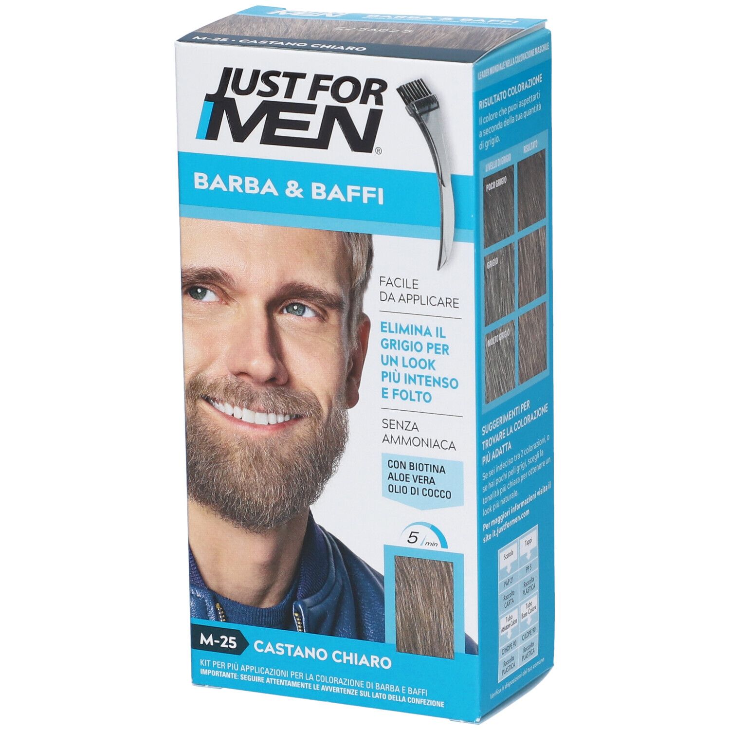 Scatola con nome del prodotto e immagine di uomo con barba. Testo: M-25 Castano Chiaro.