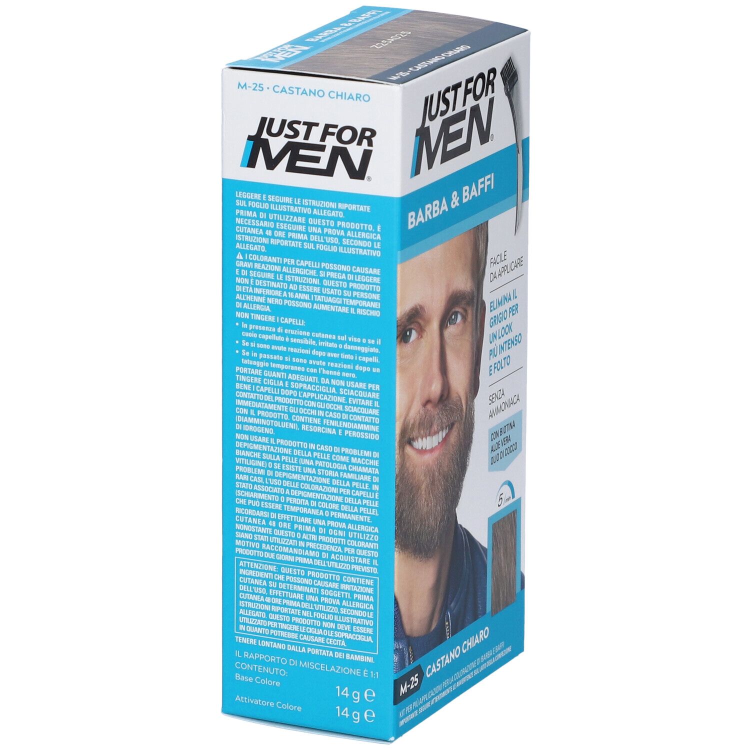 Confezione prodotto con testo e immagine di uomo con barba. Testo: M-25 Castano Chiaro.