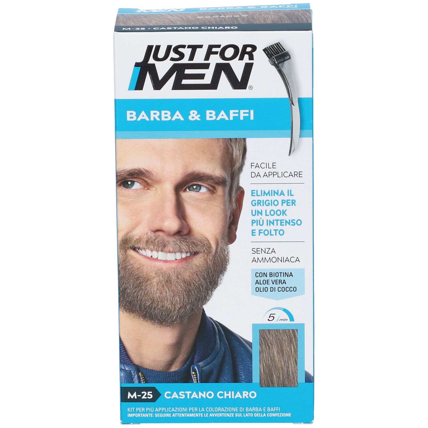 Confezione prodotto con testo e immagine di uomo con barba. Testo: M-25 Castano Chiaro.