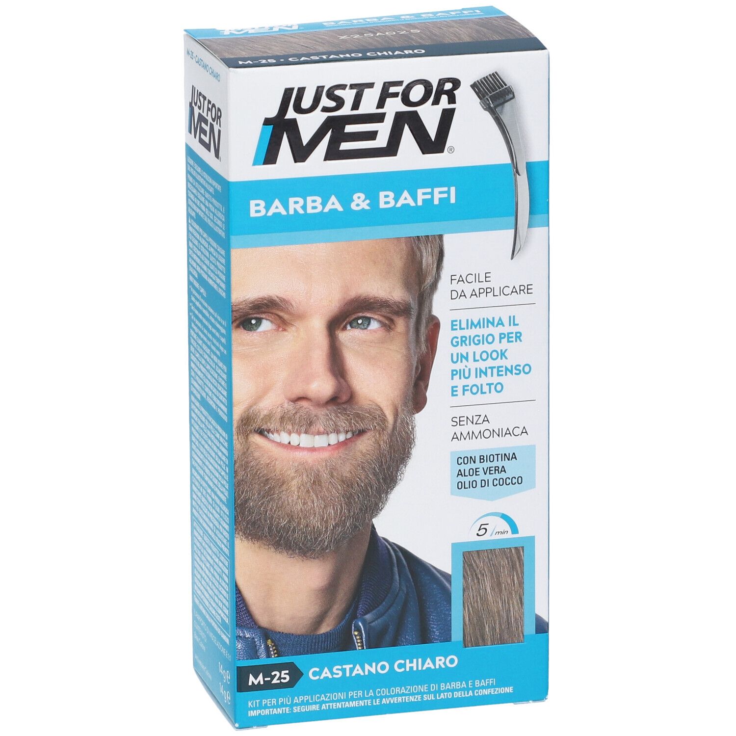 Confezione prodotto con testo e immagine di uomo con barba. Testo: M-25 Castano Chiaro.