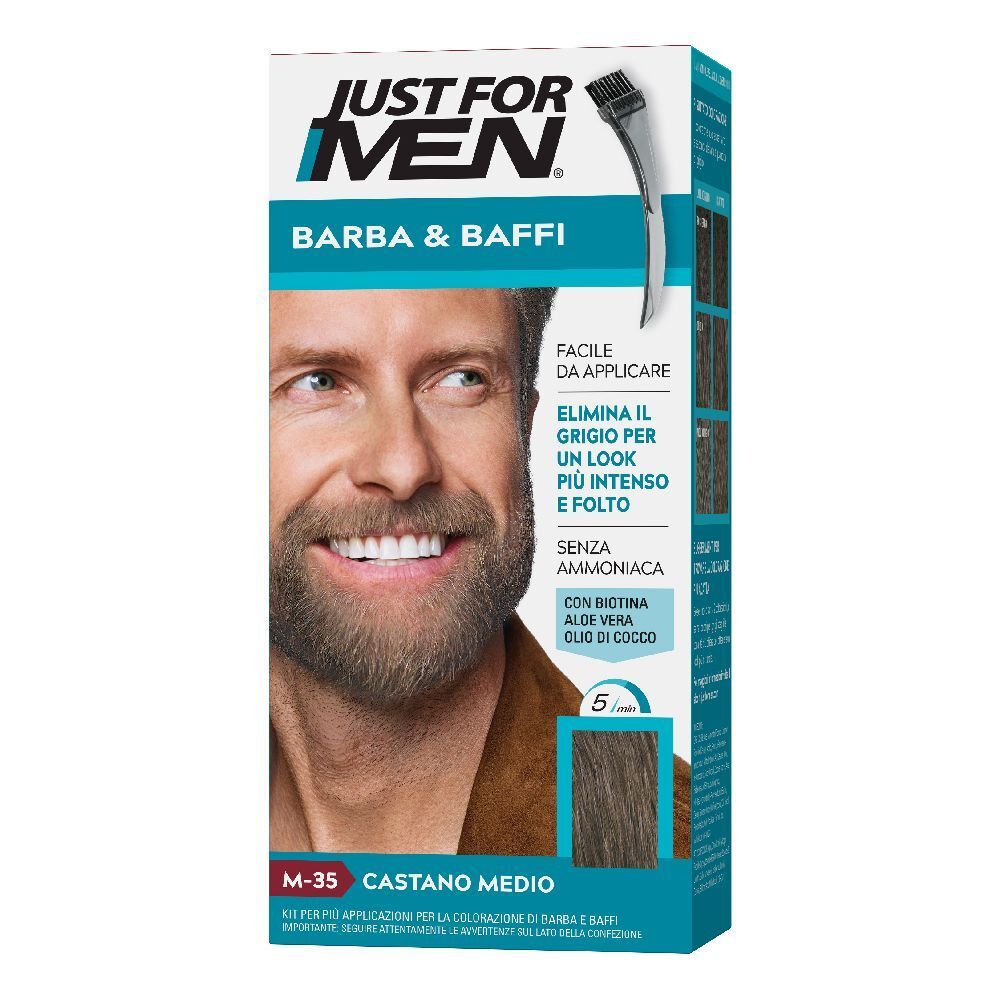 Confezione di Just For Men Barba & Baffi M35 Castano Medio. Immagine di un uomo con barba. Testo: 'Elimina il grigio'.