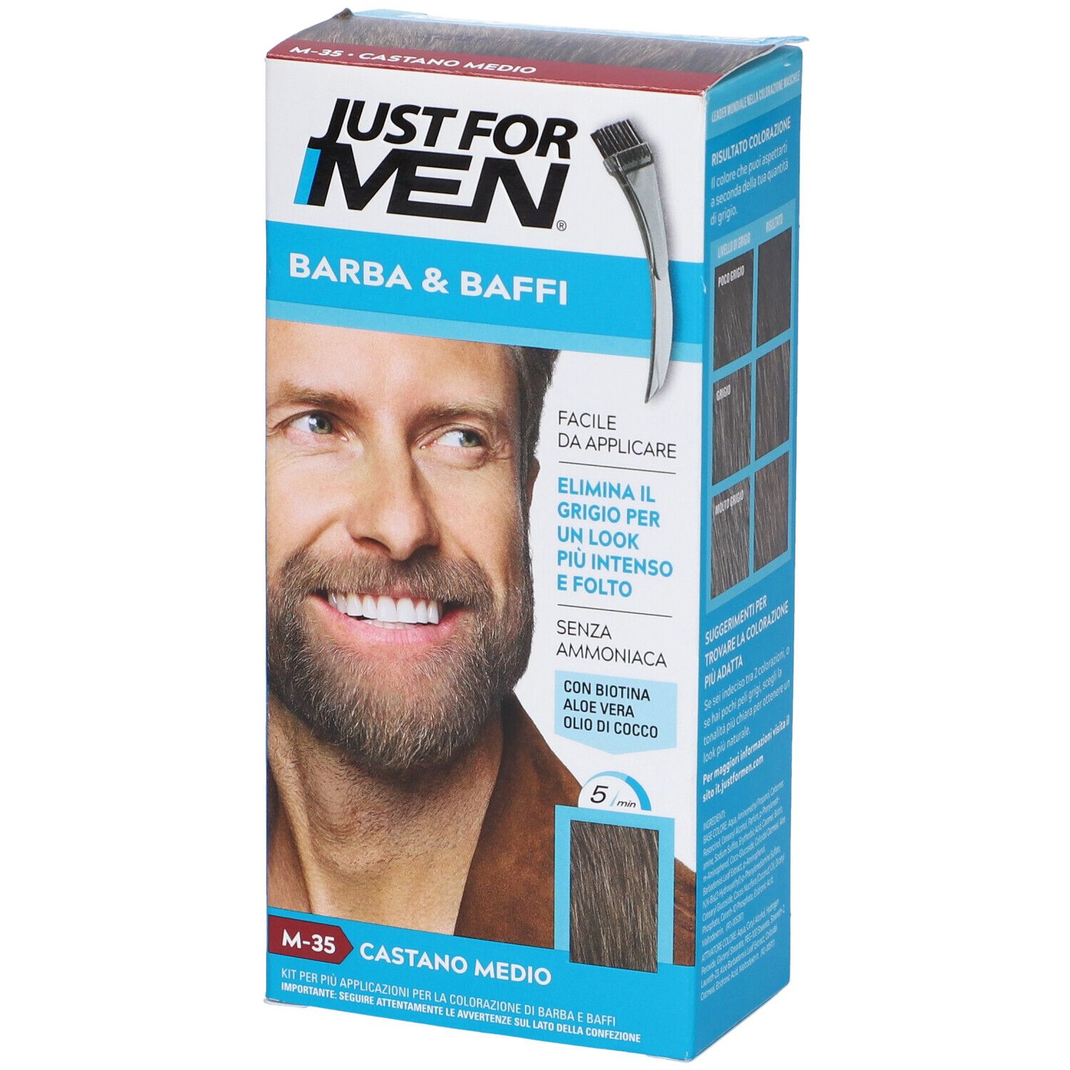 Confezione di Just For Men Barba & Baffi M35 Castano Medio. Fronte con uomo, barba, nome prodotto e tonalità.