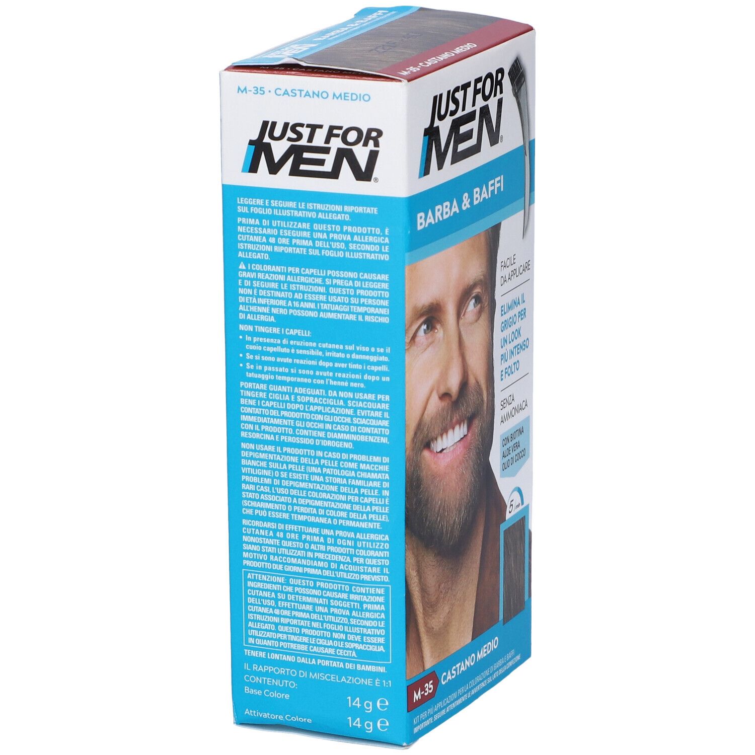Confezione di Just For Men Barba & Baffi. Retro con testo e informazioni. Tonalità M-35 Castano Medio.