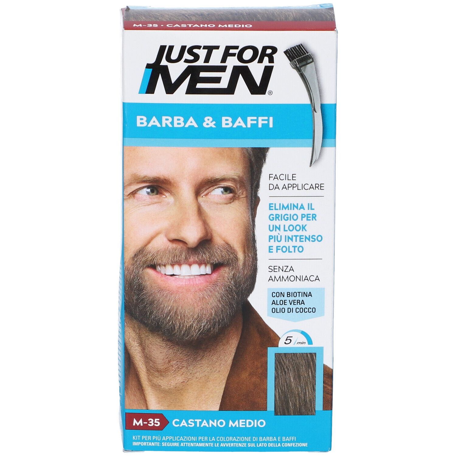 Confezione di Just For Men Barba & Baffi M35 Castano Medio. Fronte con uomo, barba, nome prodotto e tonalità.