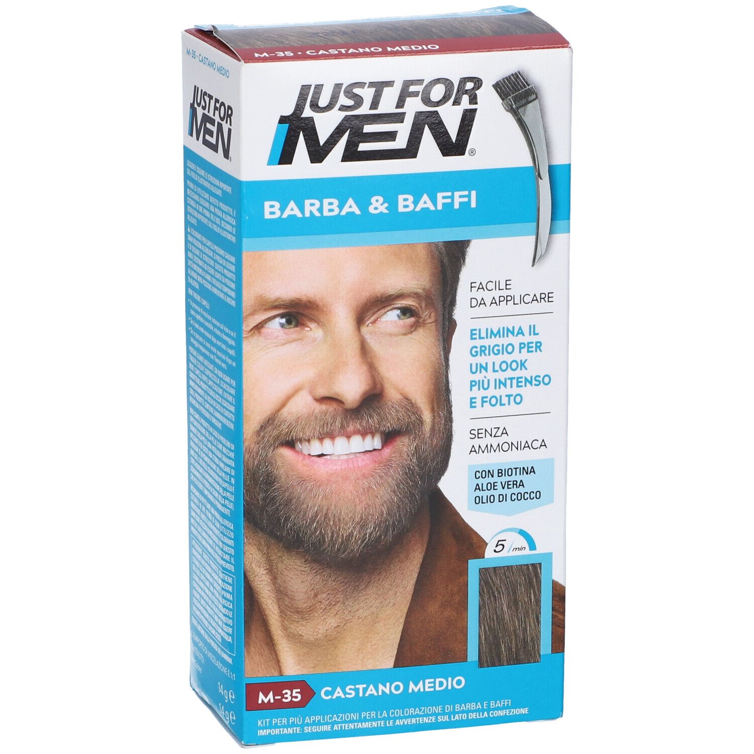 Confezione di Just For Men Barba & Baffi M35 Castano Medio. Fronte con uomo, barba, nome prodotto e tonalità.