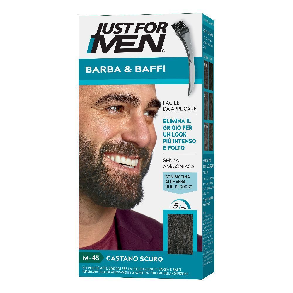 Confezione di prodotto per colorare barba e baffi. Contiene testo: JUST FOR MEN, BARBA & BAFFI, M-45 CASTANO SCURO. Immagine di un uomo con la barba.