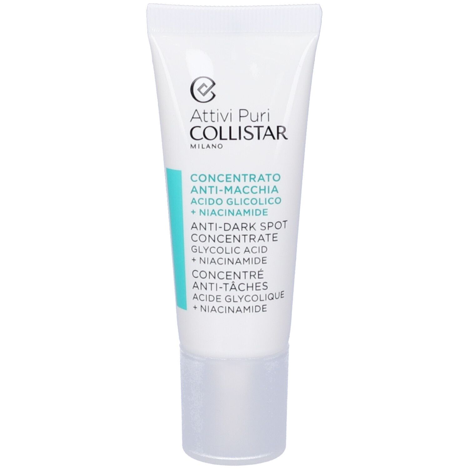 Tubo di crema con nome e logo del prodotto. Testo: Concentrato Anti-Macchia + Acido Glicolico + Niacinamide.