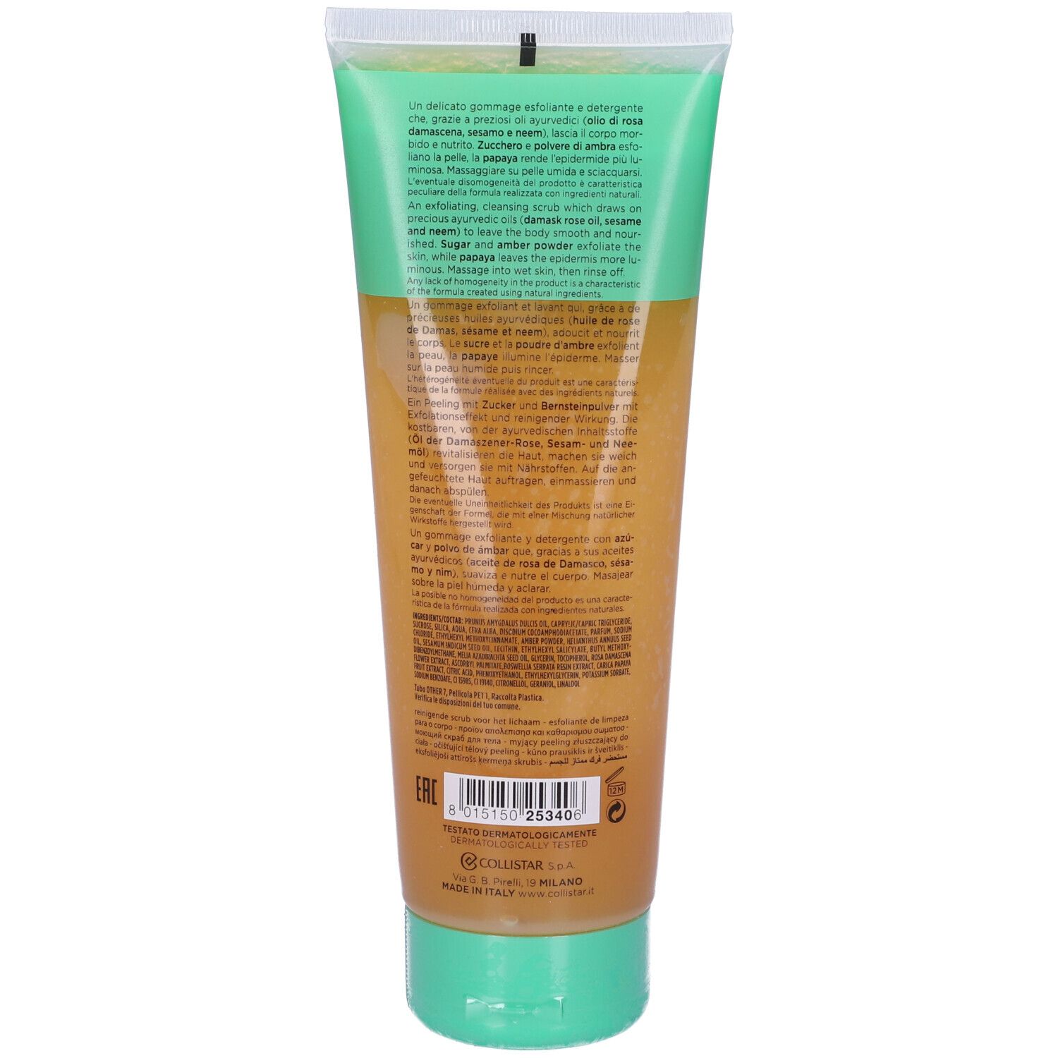 Retro del tubo di gommage corpo. Testo: ingredienti, istruzioni per l'uso. Con oli ayurvedici. Codice a barre e informazioni produttore.