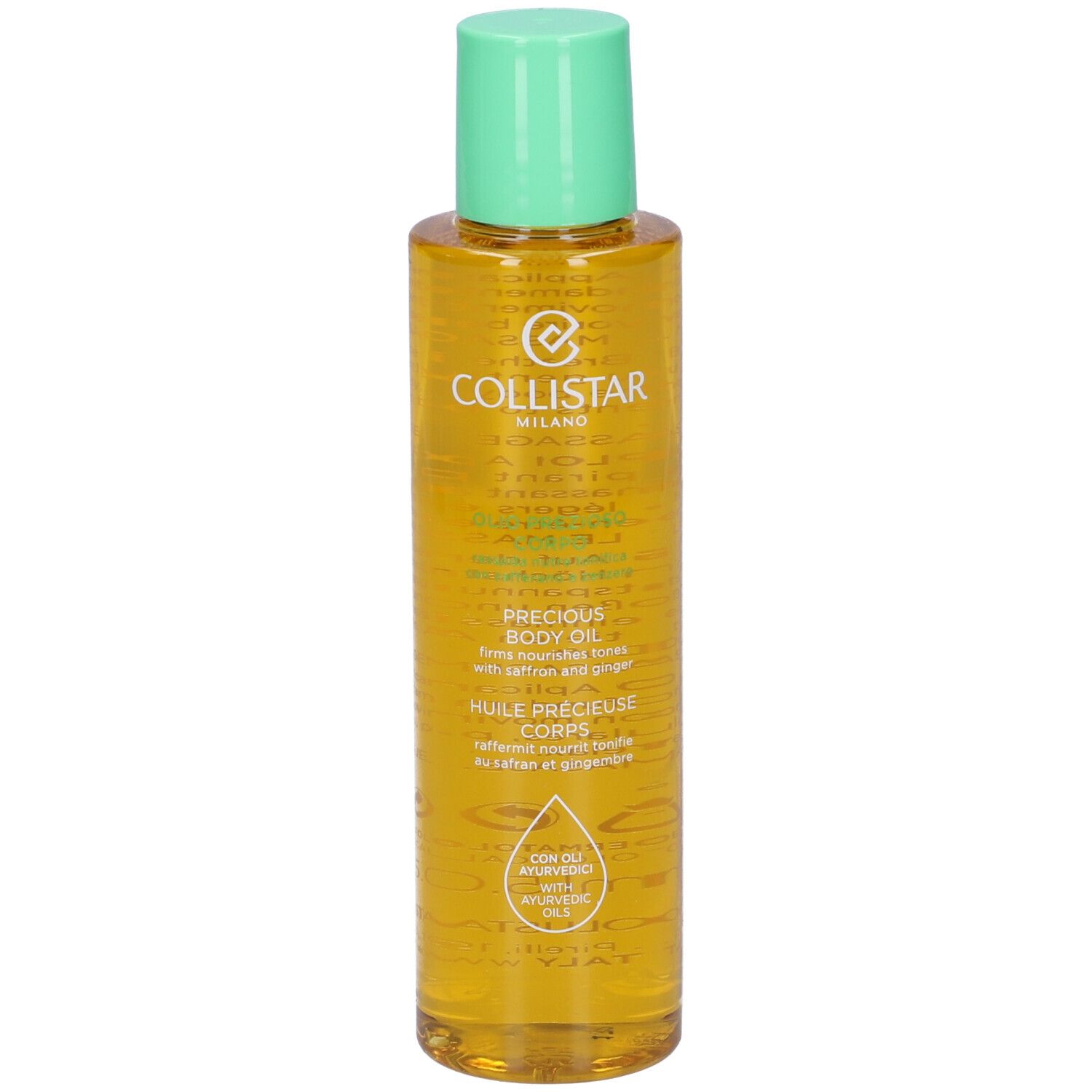 Flacone di olio corpo con tappo verde. Scritta: COLLISTAR MILANO, PRECIOUS BODY OIL. Con zafferano e zenzero.