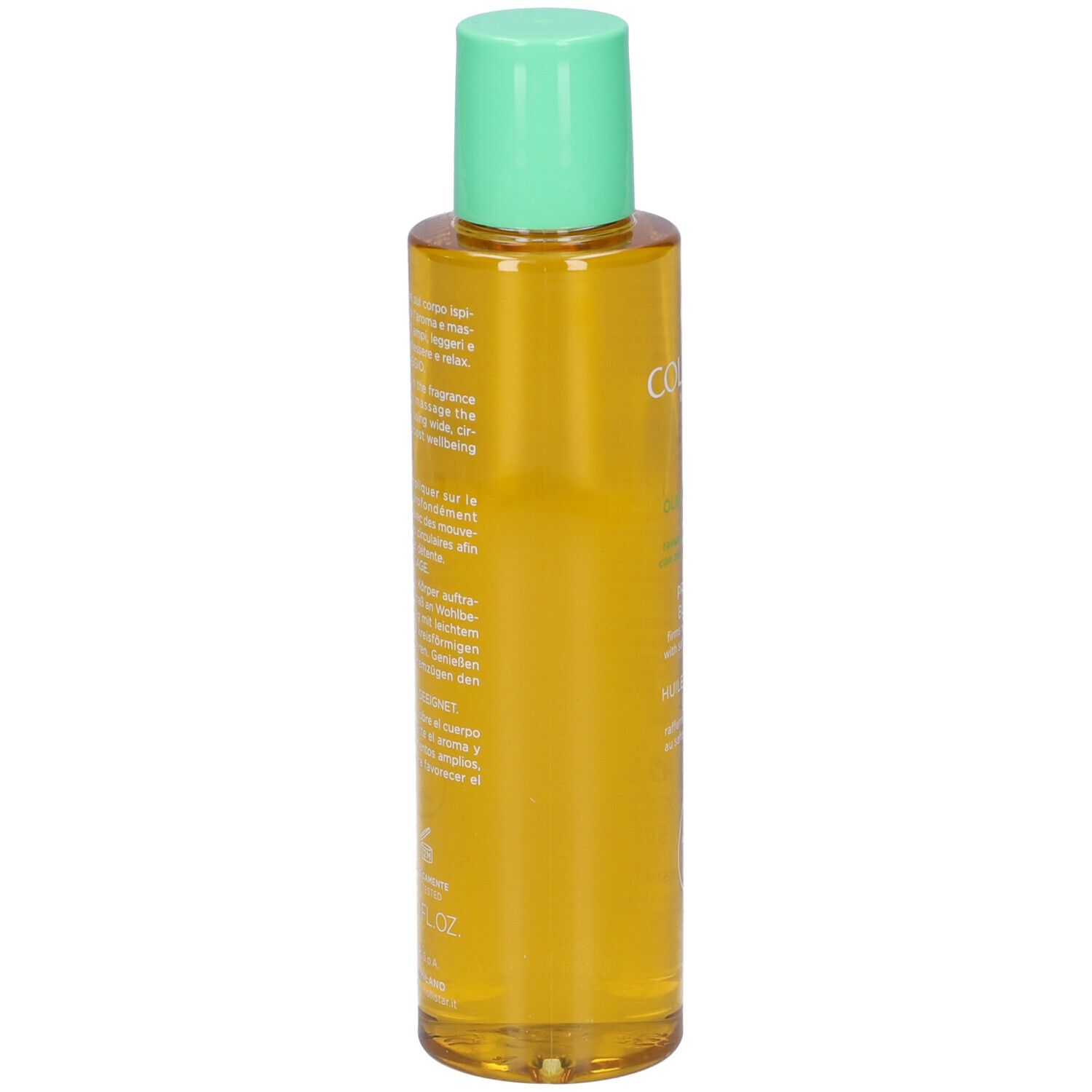 Flacone di olio corpo con tappo verde. Retro con testo. COLLISTAR MILANO. Liquido giallo.