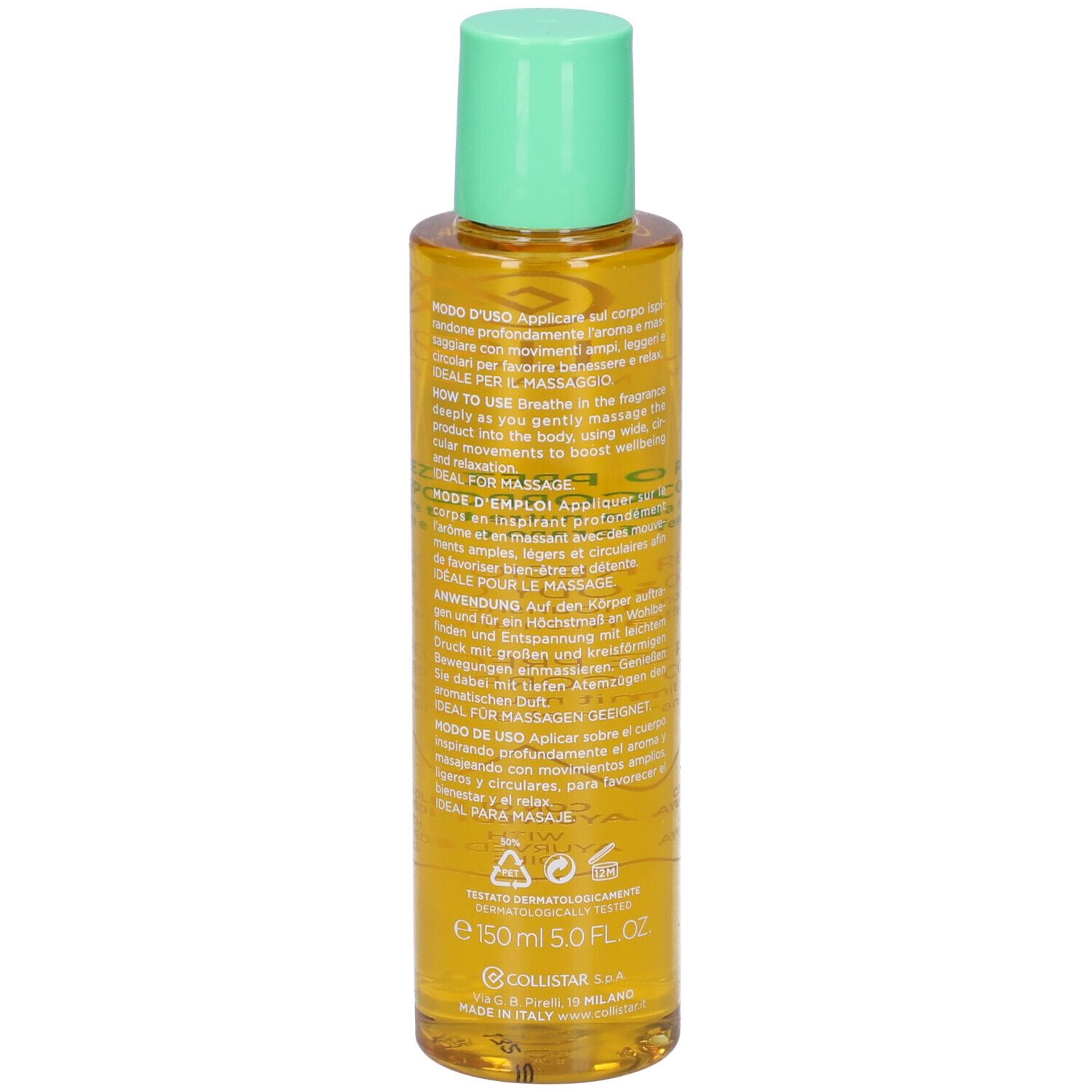 Flacone di olio corpo con tappo verde. Retro con testo. COLLISTAR MILANO. Liquido giallo.