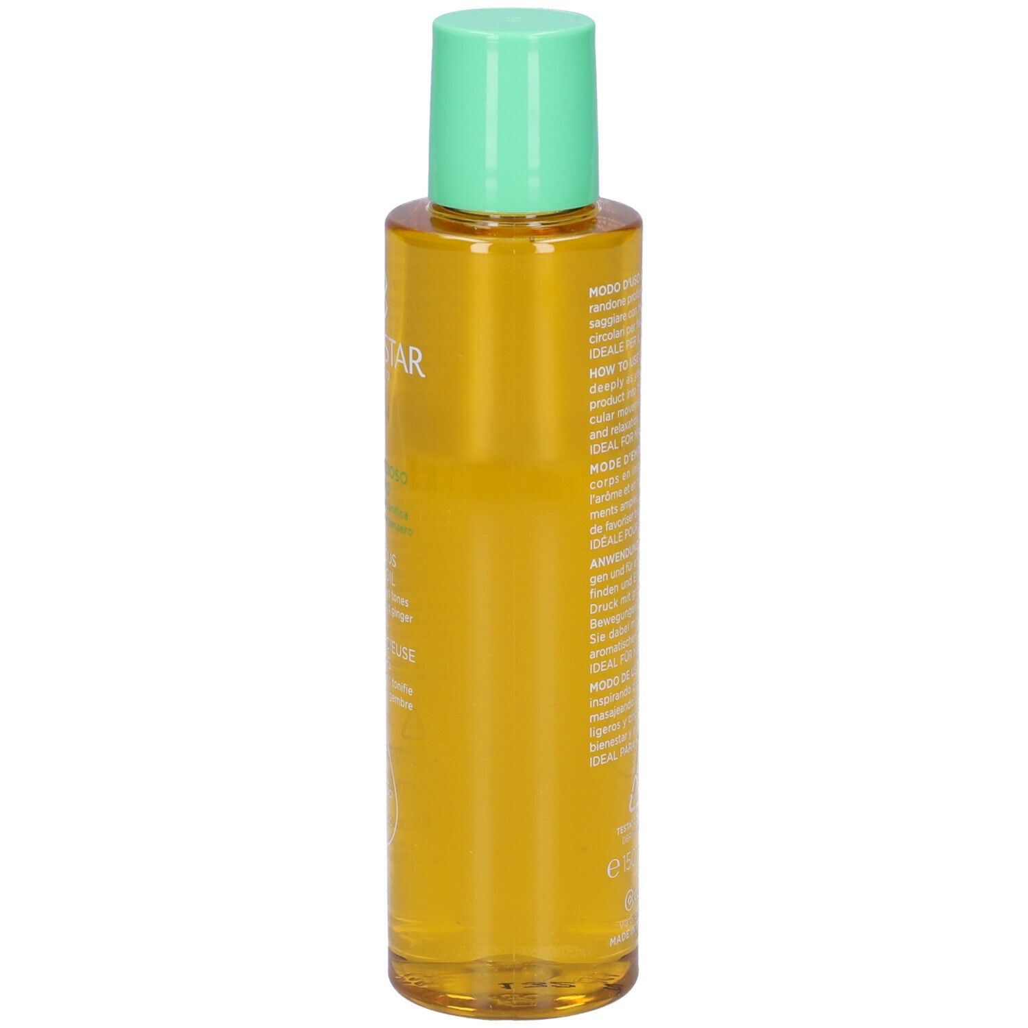 Flacone di olio corpo con tappo verde. Retro con testo. COLLISTAR MILANO. Liquido giallo.