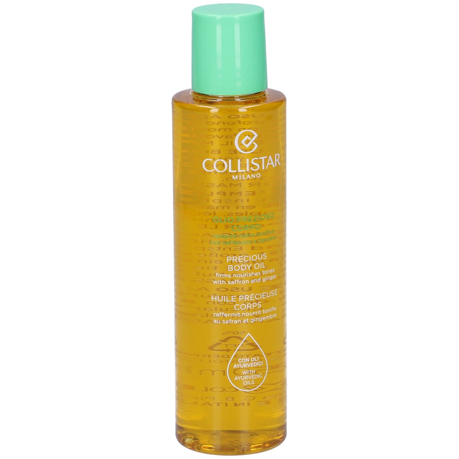 Flacone di olio corpo con tappo verde. Scritta: COLLISTAR MILANO, PRECIOUS BODY OIL. Con zafferano e zenzero.